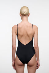 Black one-piece swimsuit back view with crisscross shoulder straps