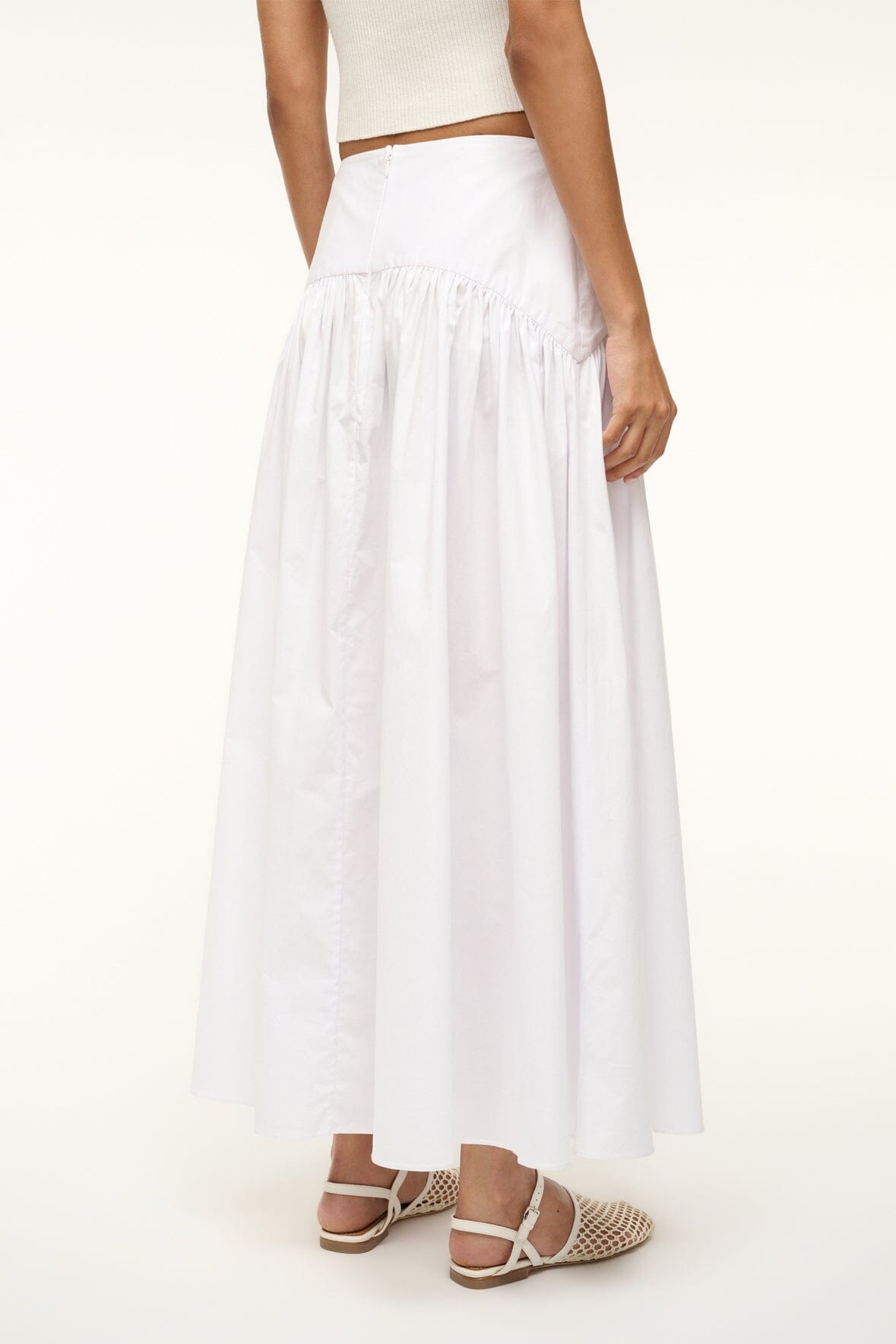 White gathered midi skirt with elastic waist detail