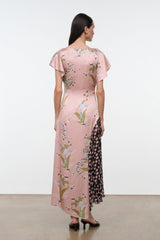Pink floral long dress with short flutter sleeves, shown from the back.