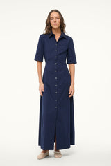 Navy maxi shirt dress with front slit and button placket