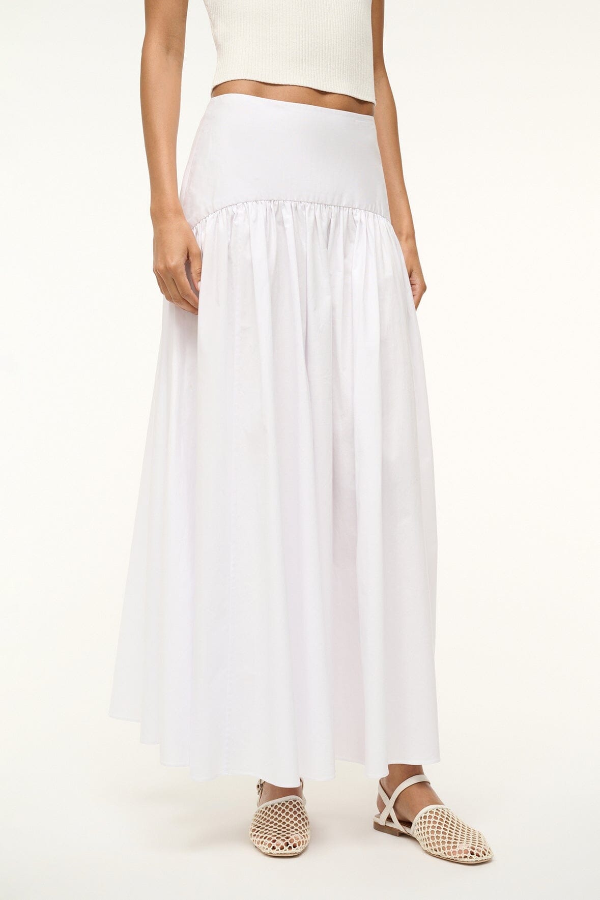 White midi skirt with gathered tiers and elastic waist
