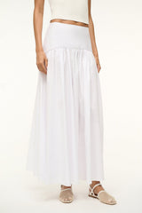 White midi skirt with gathered tiers and elastic waist