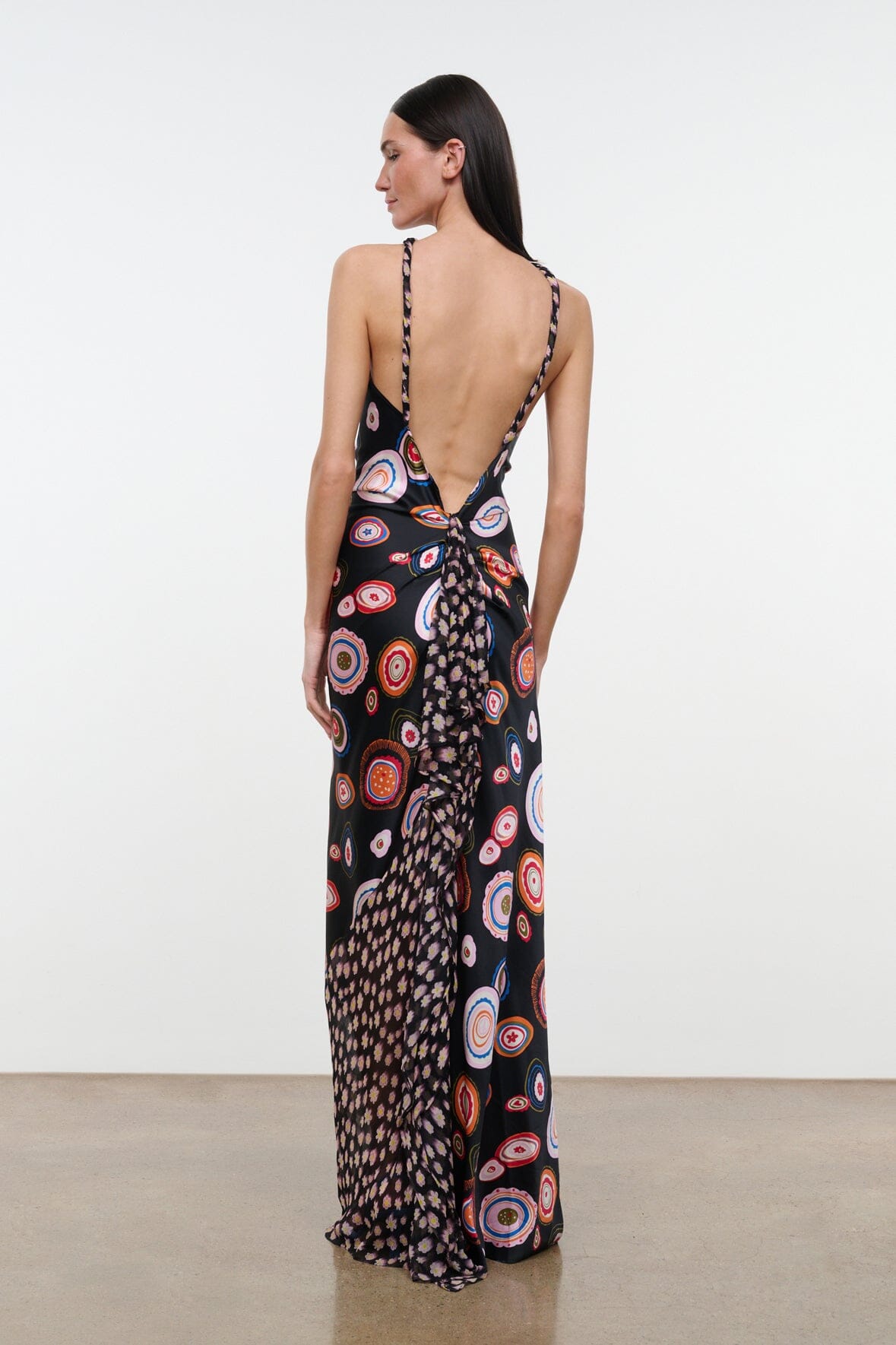 Silk halter maxi dress with open back and multicolor circular paisley print