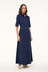 Navy maxi shirt dress with collar, short sleeves, button front