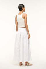 White tiered midi skirt with elastic waistband, side view