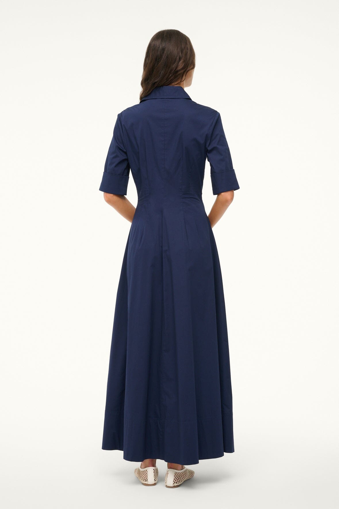 Navy maxi shirt dress, back view with waist seam