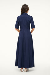 Navy maxi shirt dress, back view with waist seam