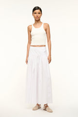 White tiered midi skirt with elastic waistband, front view