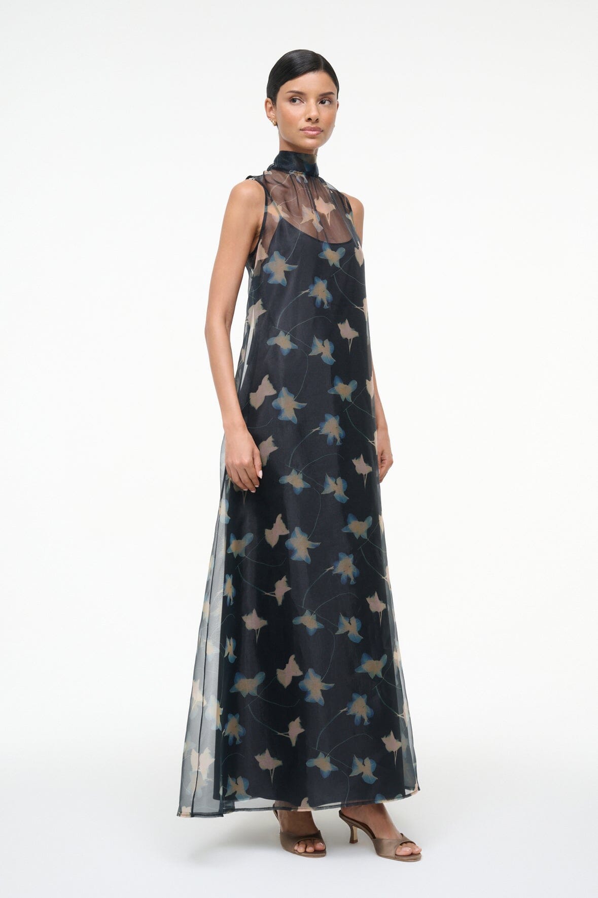 Sleeveless maxi dress with high neckline, sheer dark base and pale botanical bird print
