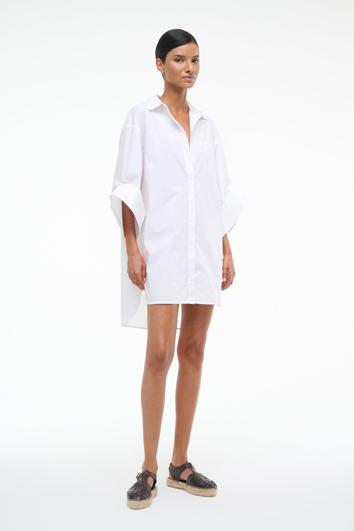 White NICO shirt dress with drop-shoulder sleeves and straight short hem