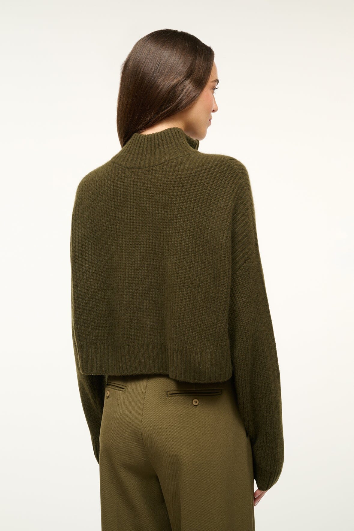 Olive cashmere cropped sweater, back view with ribbed knit and long sleeves