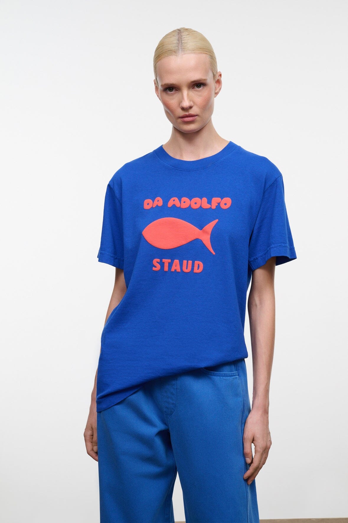 Blue crew-neck T-shirt with short sleeves and DA ADOLFO graphic front