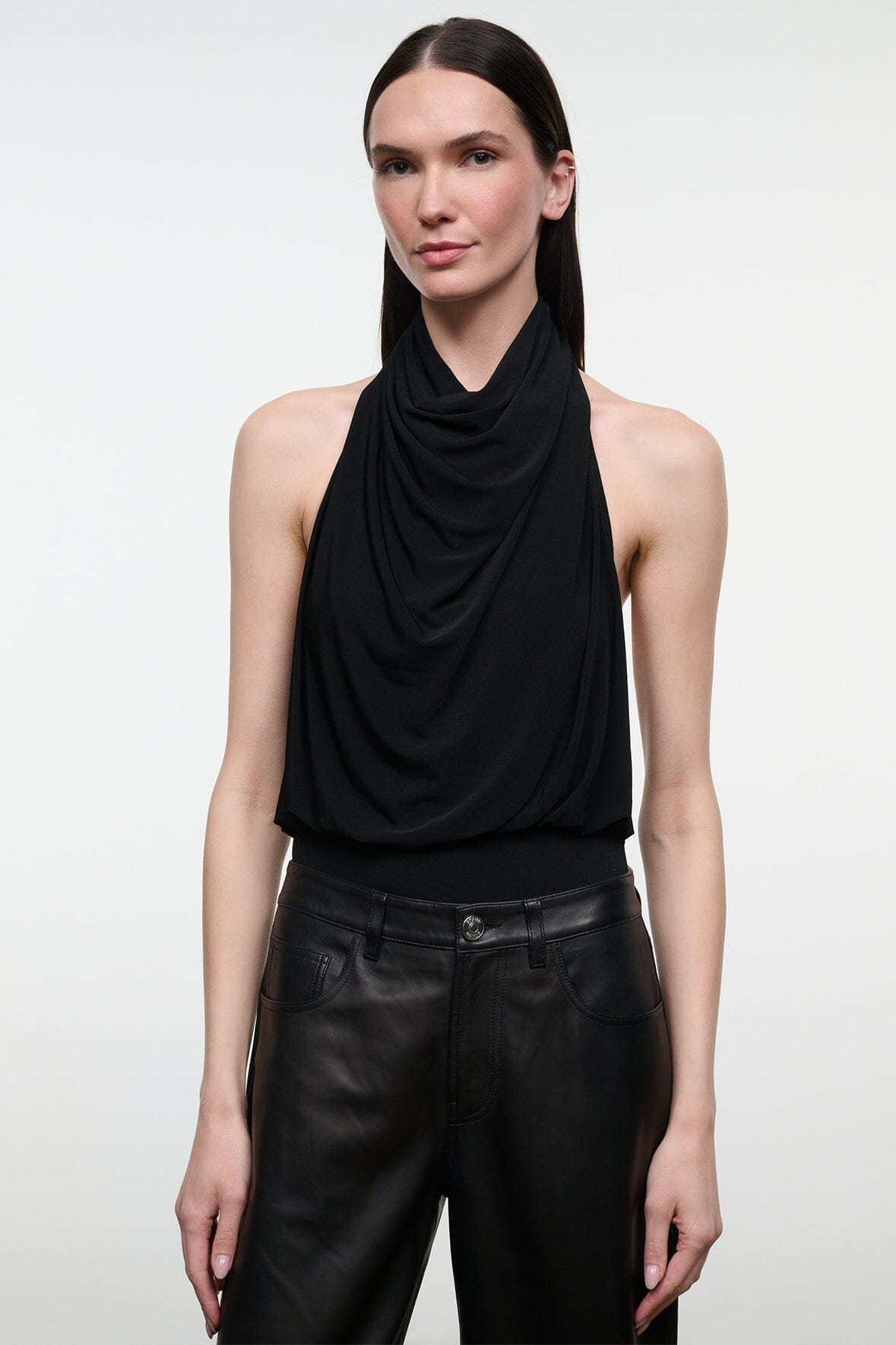 MONAY black halter bodysuit with draped cowl neckline, sleeveless front