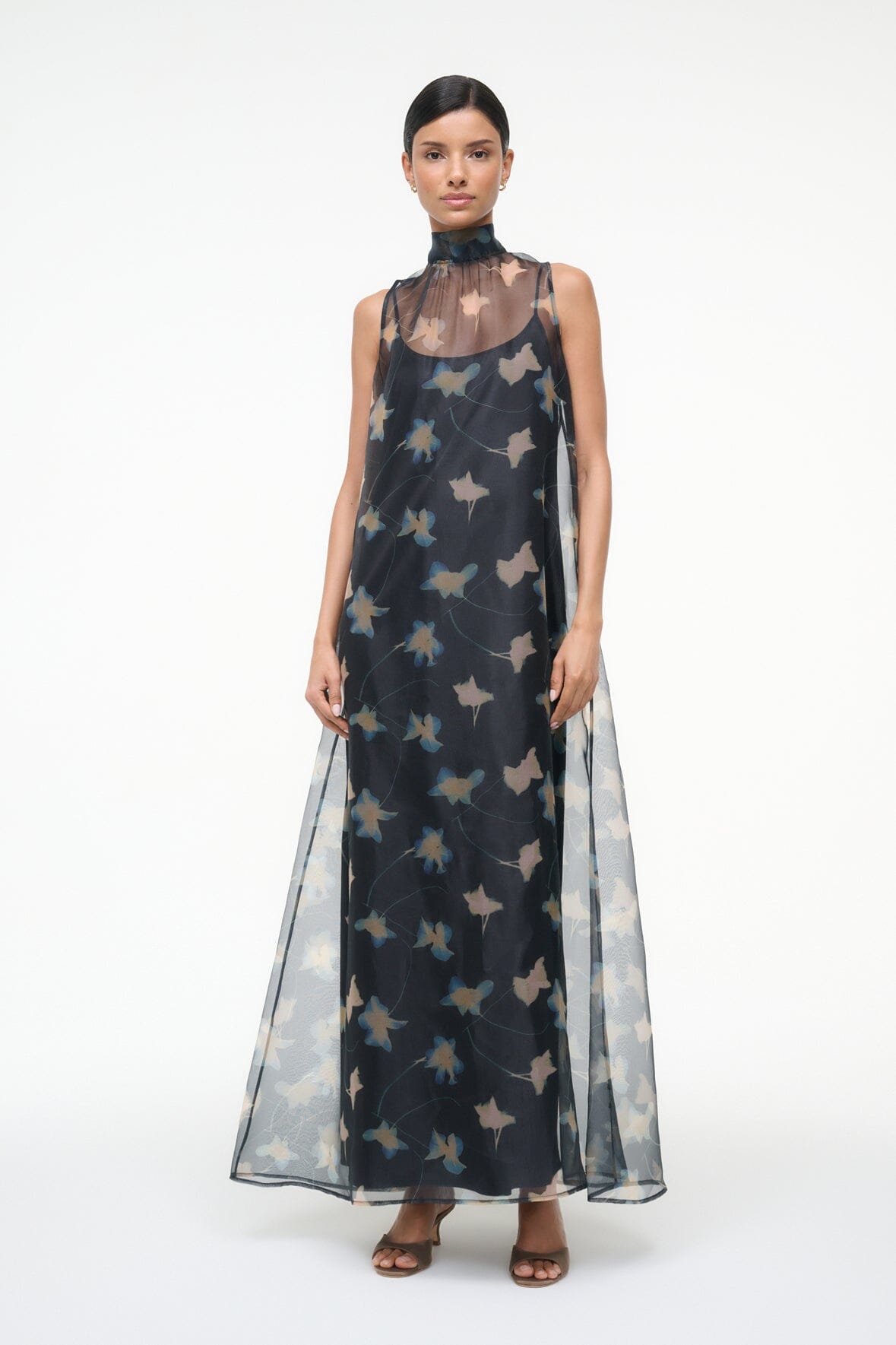Sleeveless high-neck maxi dress, sheer black overlay with pale bird print allover