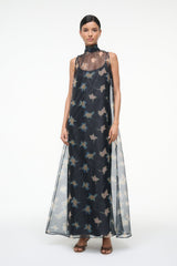Sleeveless high-neck maxi dress, sheer black overlay with pale bird print allover