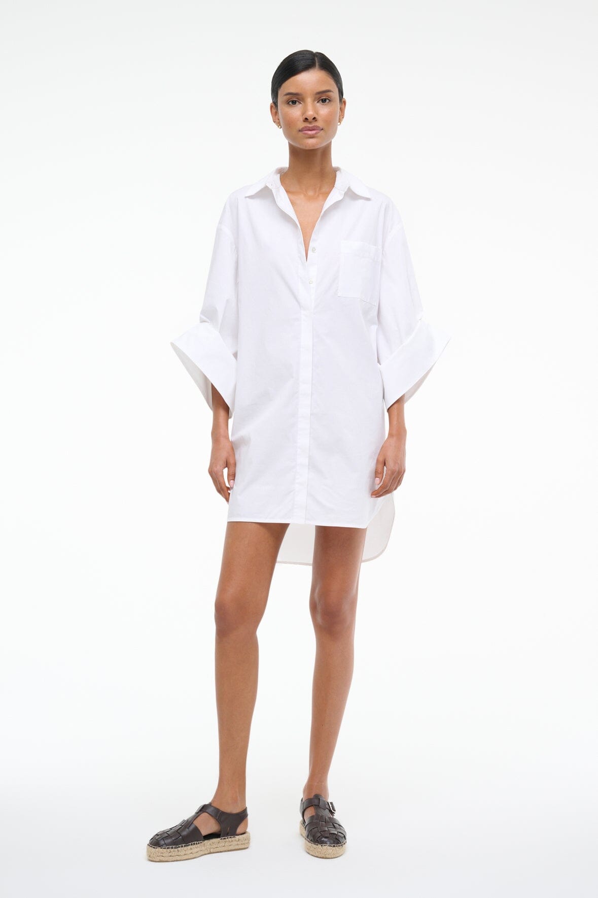 White NICO shirt dress with collar, button placket, and short straight hem