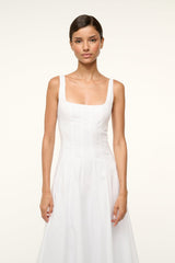 White sleeveless midi dress with fitted bodice and square neckline