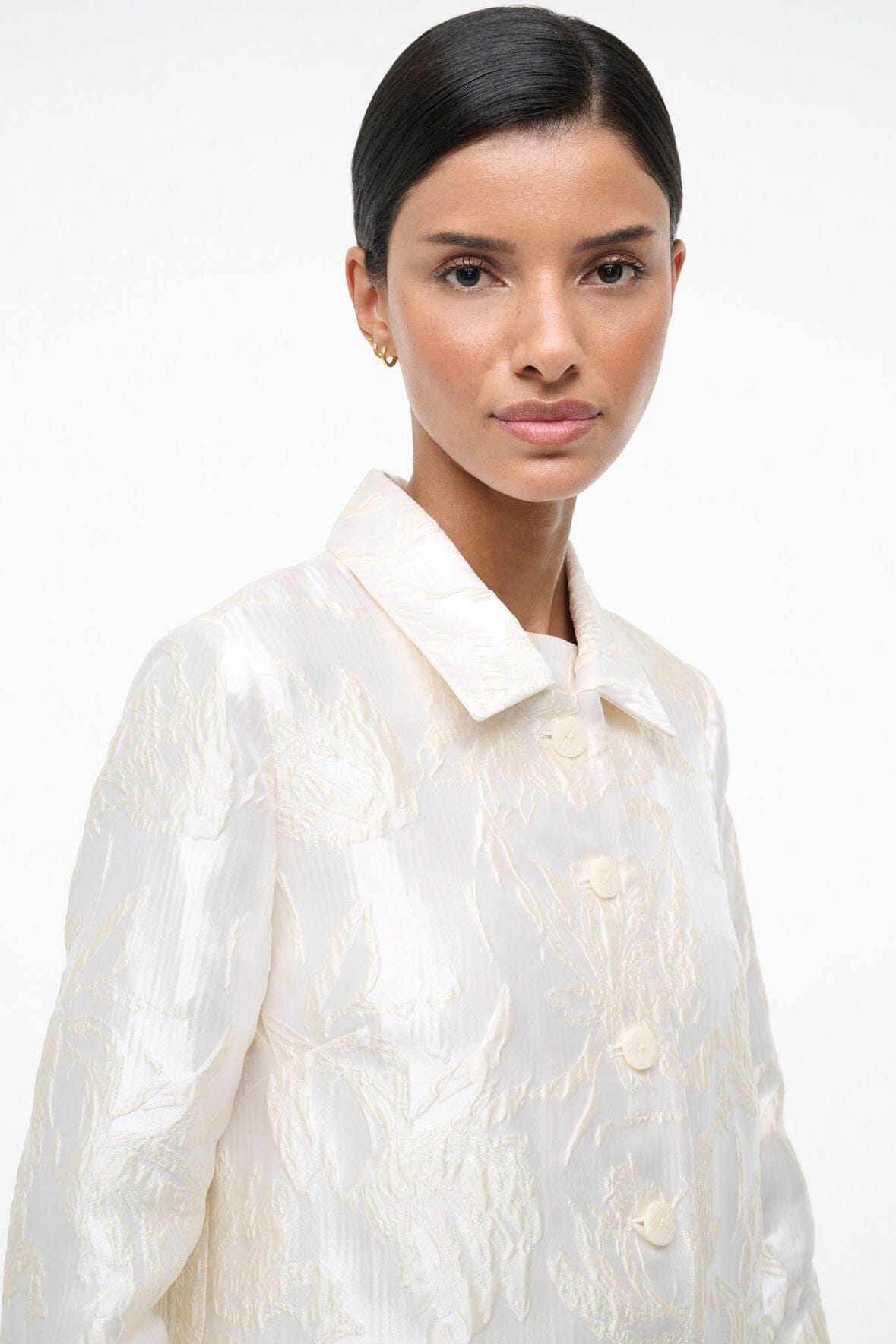 HALTON ivory jacket close-up with pointed collar and textured front buttons