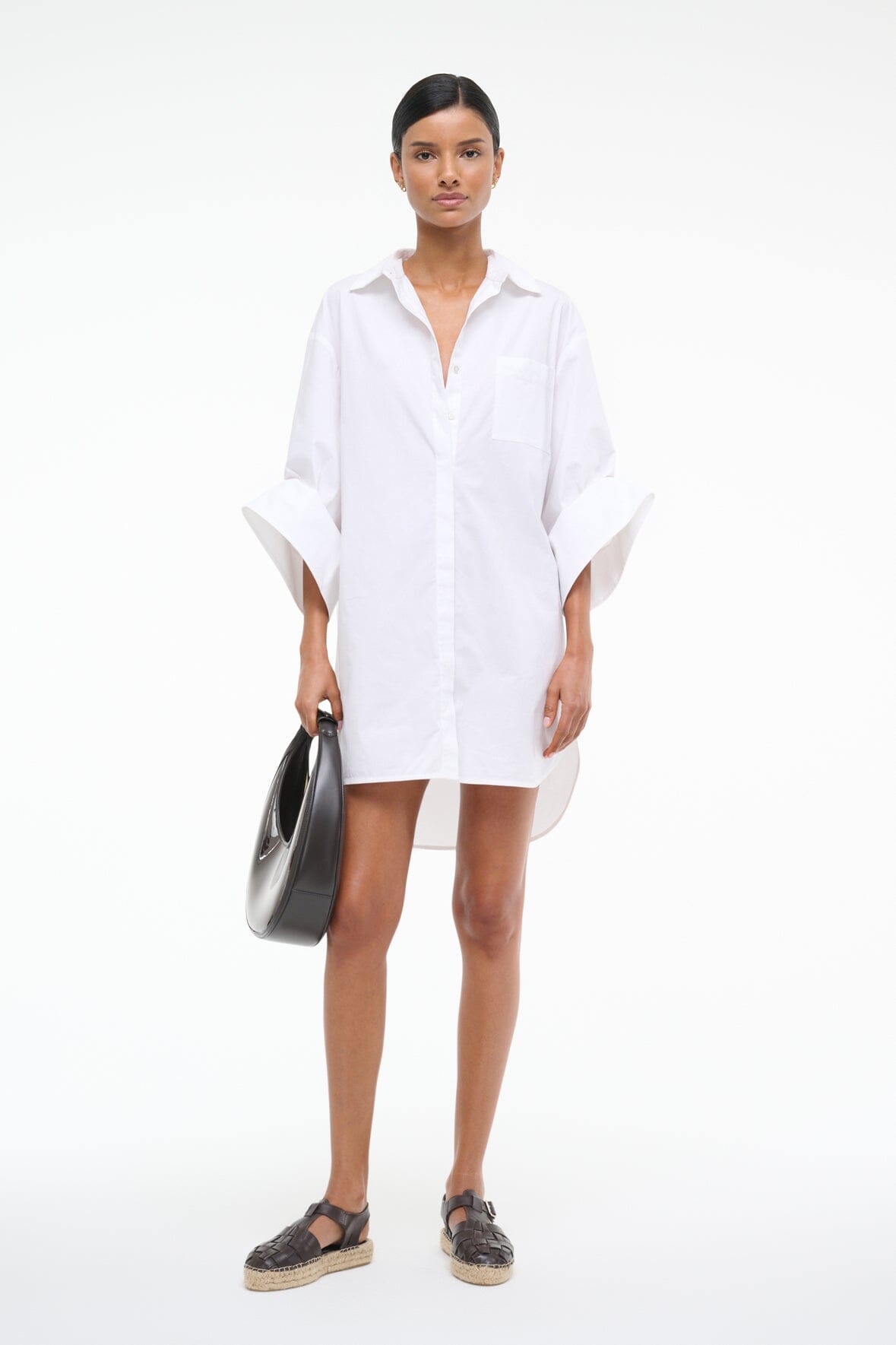 White NICO dress with button-up front and loose dolman sleeves
