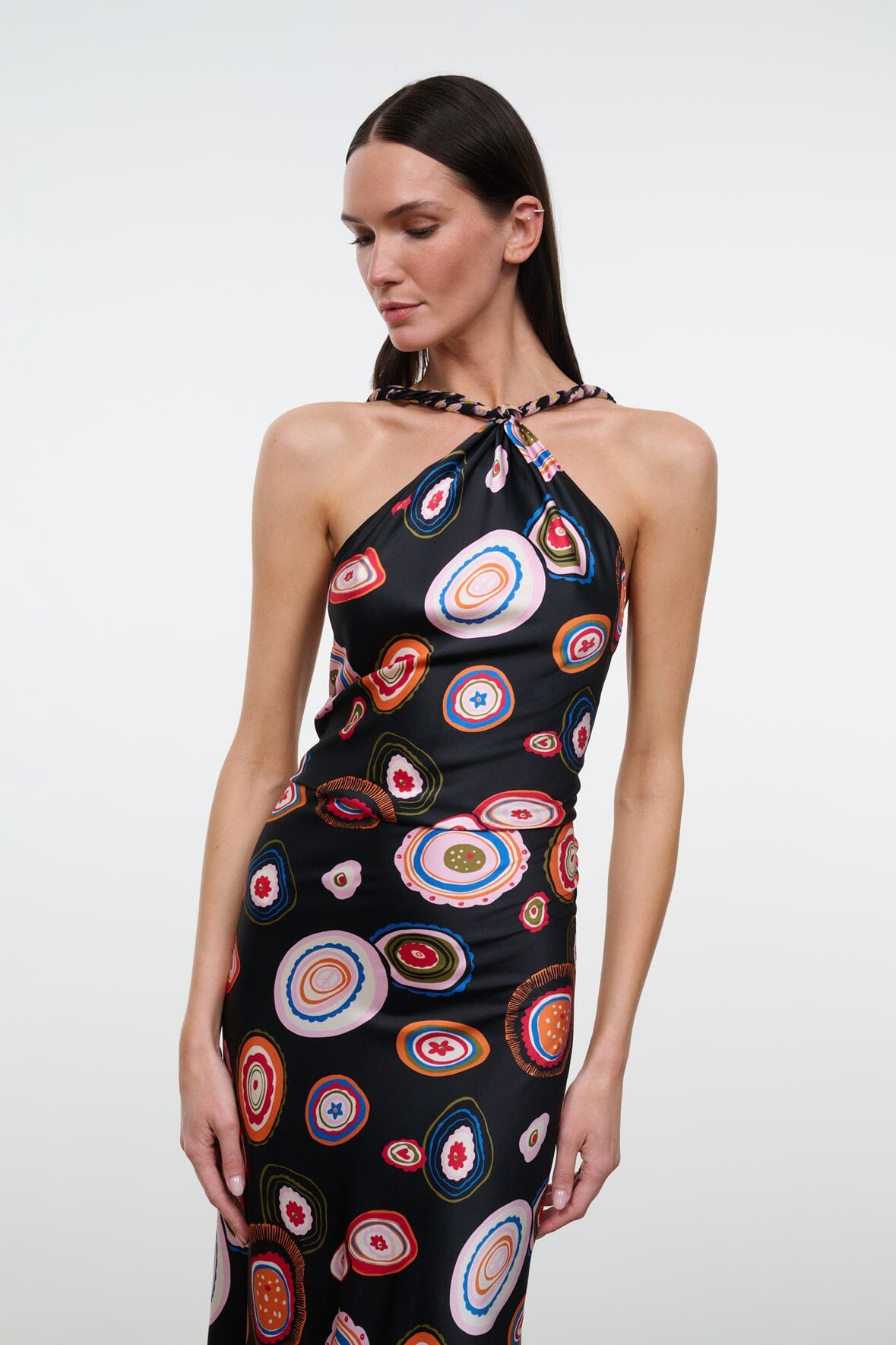 Silk halter dress on black base with multicolor circular paisley print