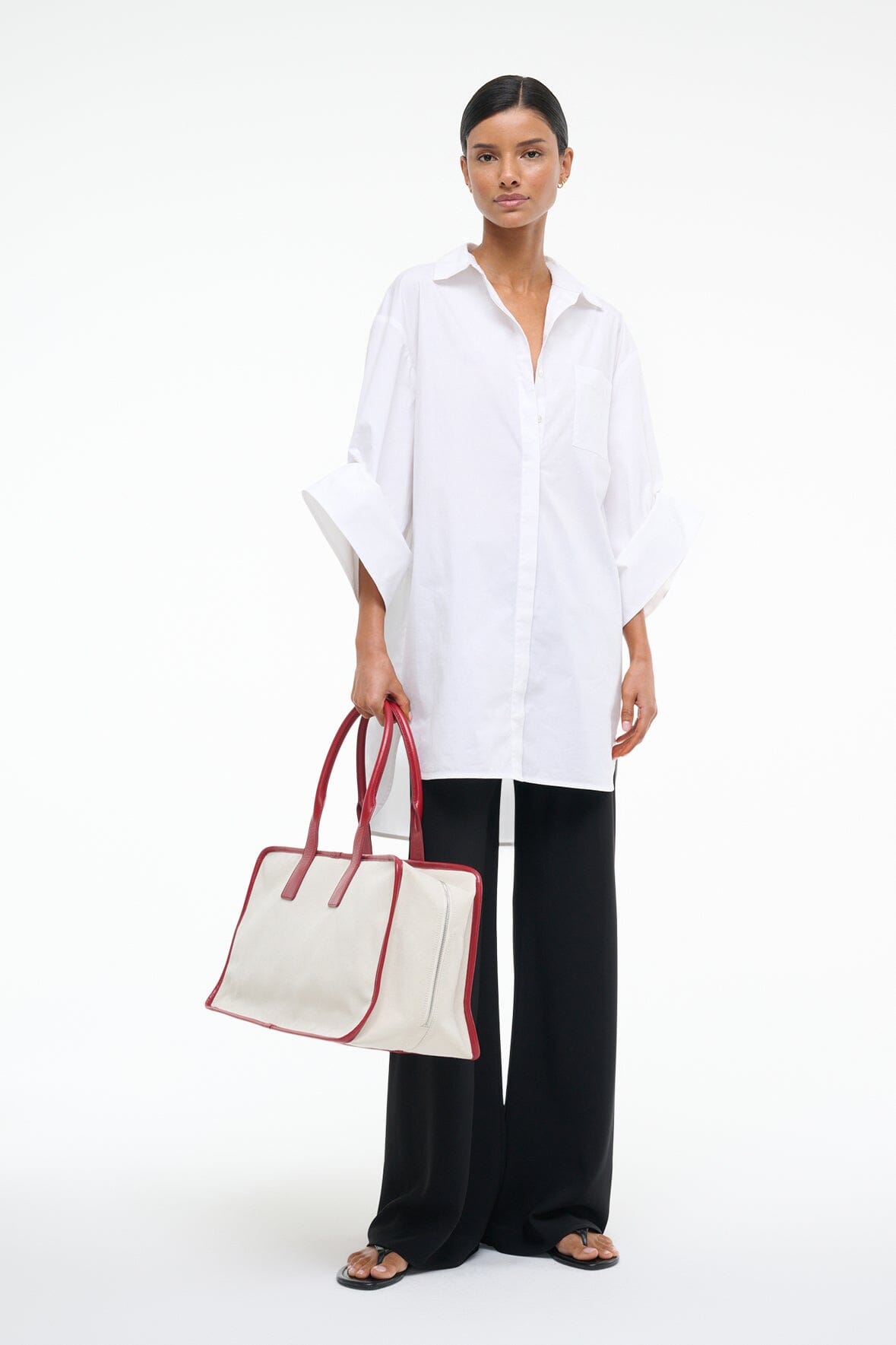 White NICO shirt dress with V-neck button placket and wide sleeves