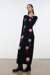 Black long maxi dress with multicolor dreamcatcher embroidery all over
