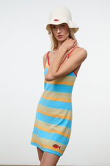 Sleeveless striped mini dress with red trim, blue and yellow horizontal bands