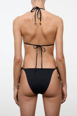 Black bikini top from the back with neck tie and back string closure.