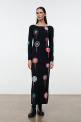 Black long-sleeve maxi dress with colorful dreamcatcher embroidery, straight fit