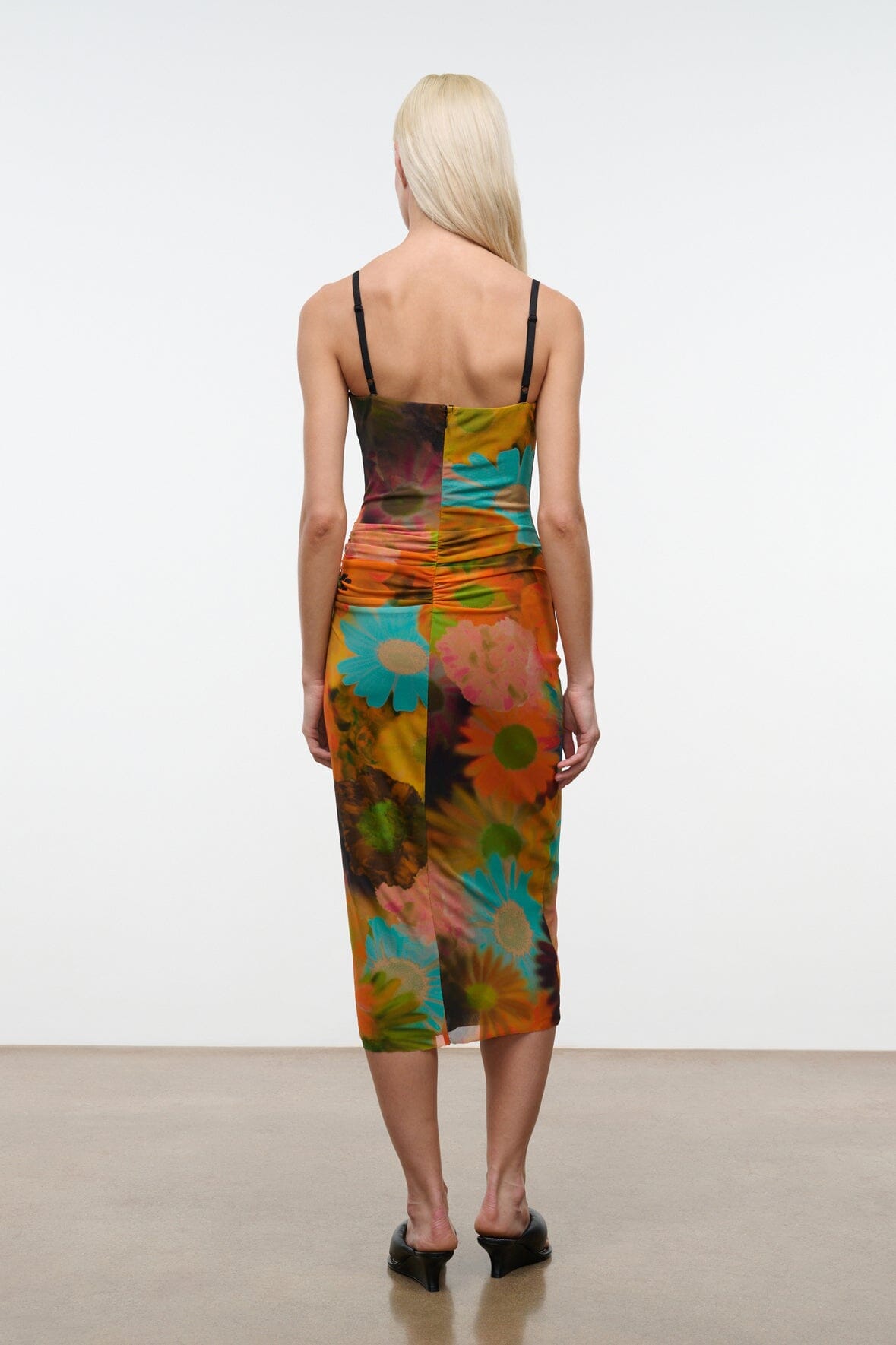 Back view sleeveless fitted midi dress with spaghetti straps, lace trim, multicolor print