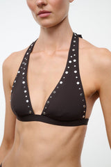 Dark bikini top with halter straps and silver stud trim, low V neckline
