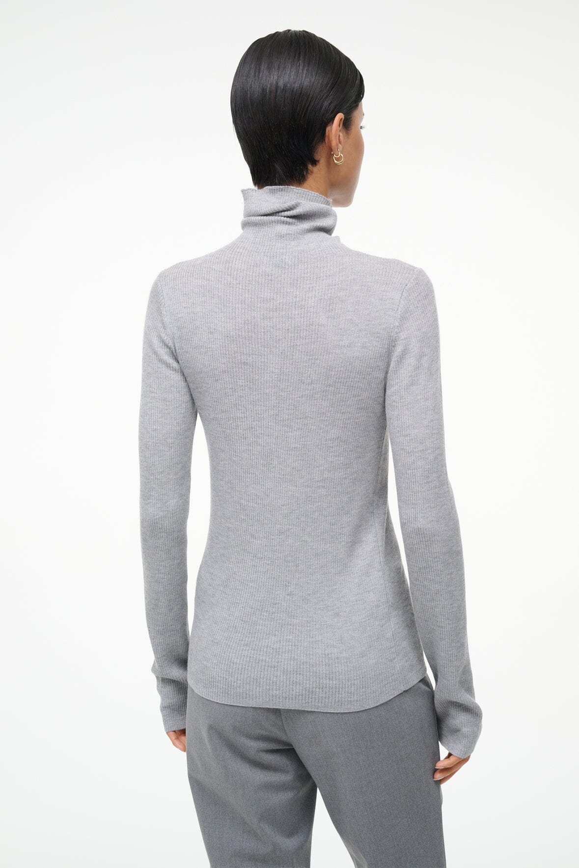 Back view: ash gray cashmere turtleneck sweater with long sleeves