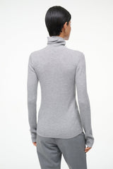 Back view: ash gray cashmere turtleneck sweater with long sleeves