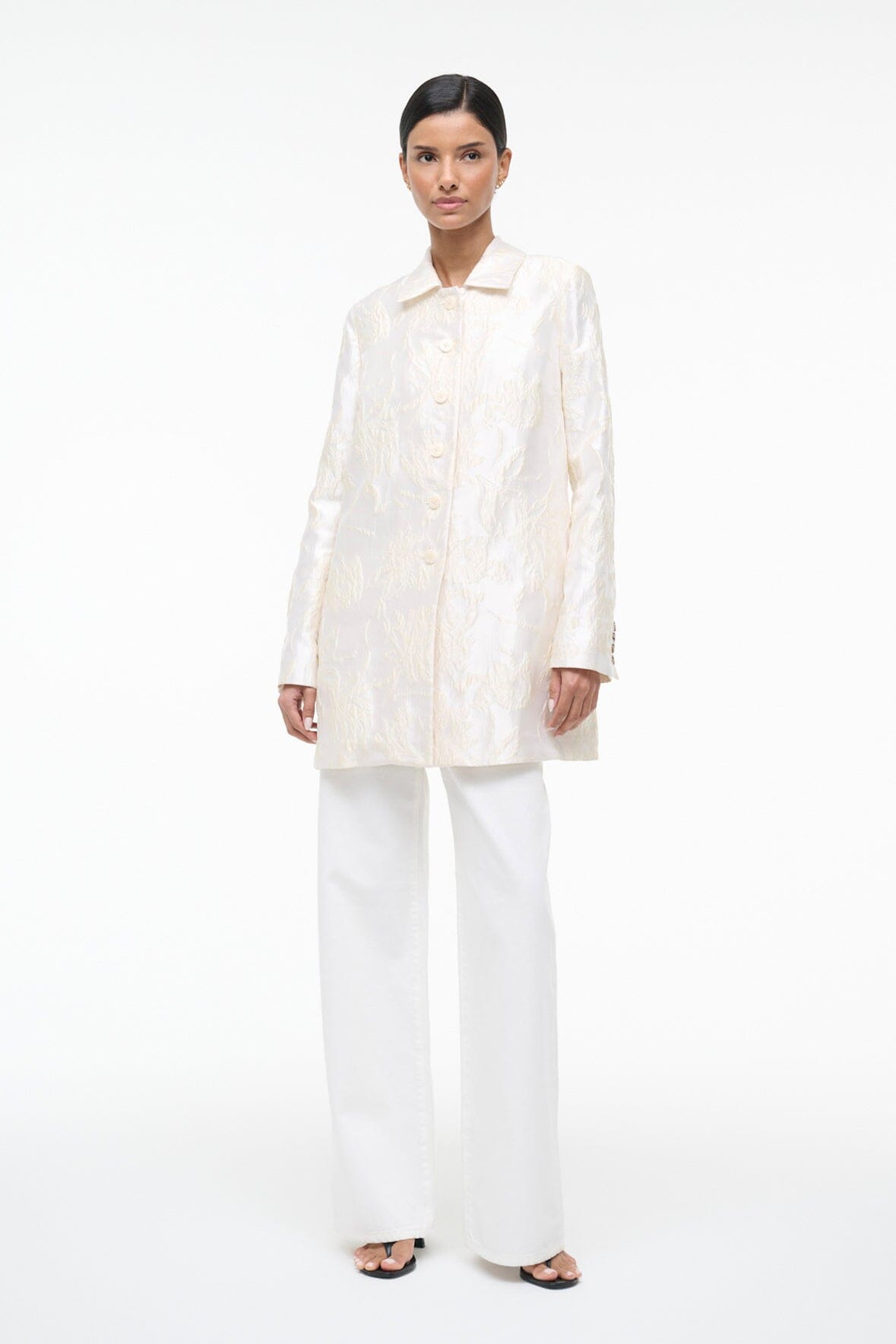 HALTON ivory jacket with pointed collar, button front and long sleeves, textured pattern