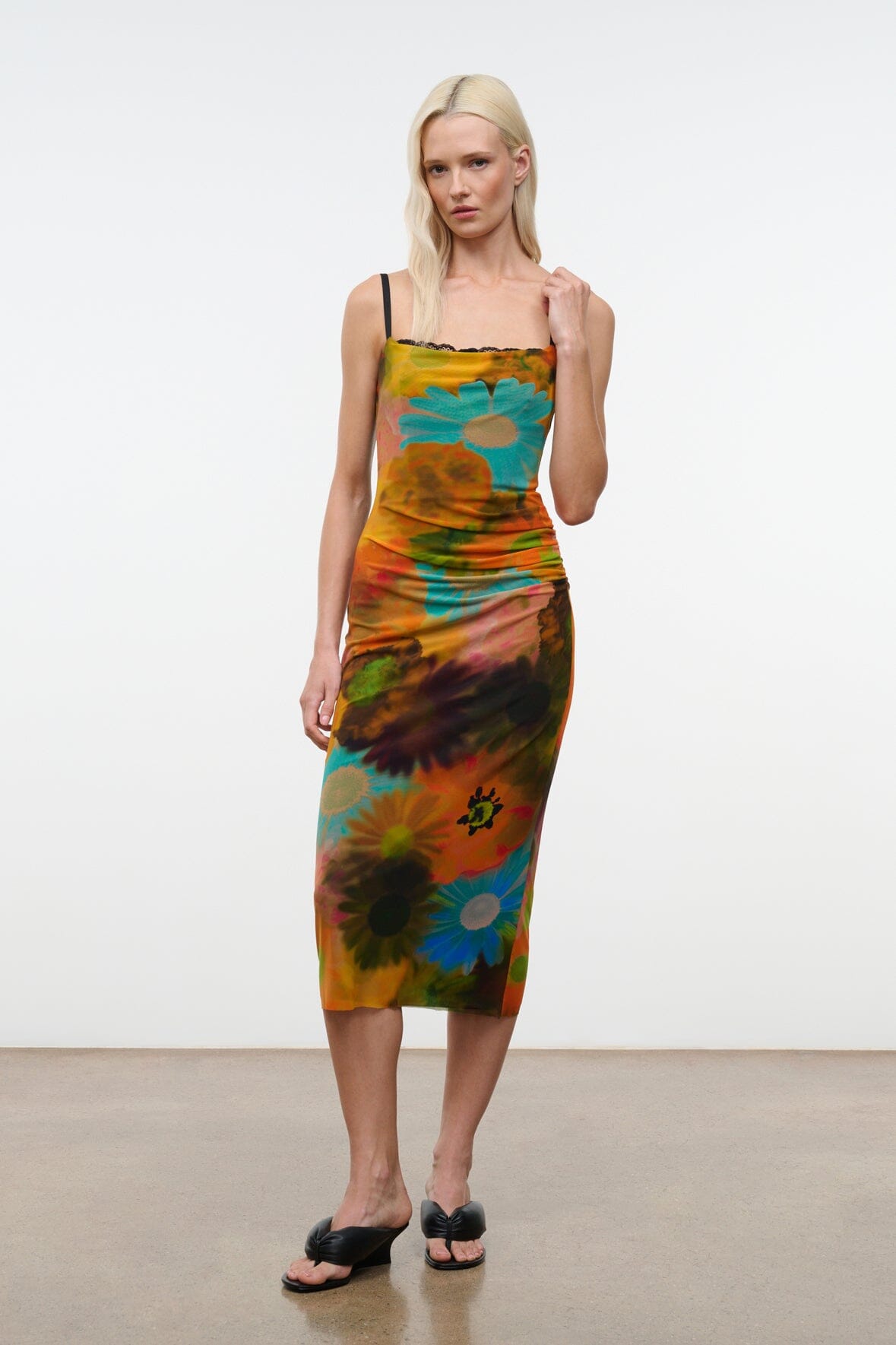 Sleeveless fitted midi dress with multicolor floral tie-dye print, lace-trim scoop neckline
