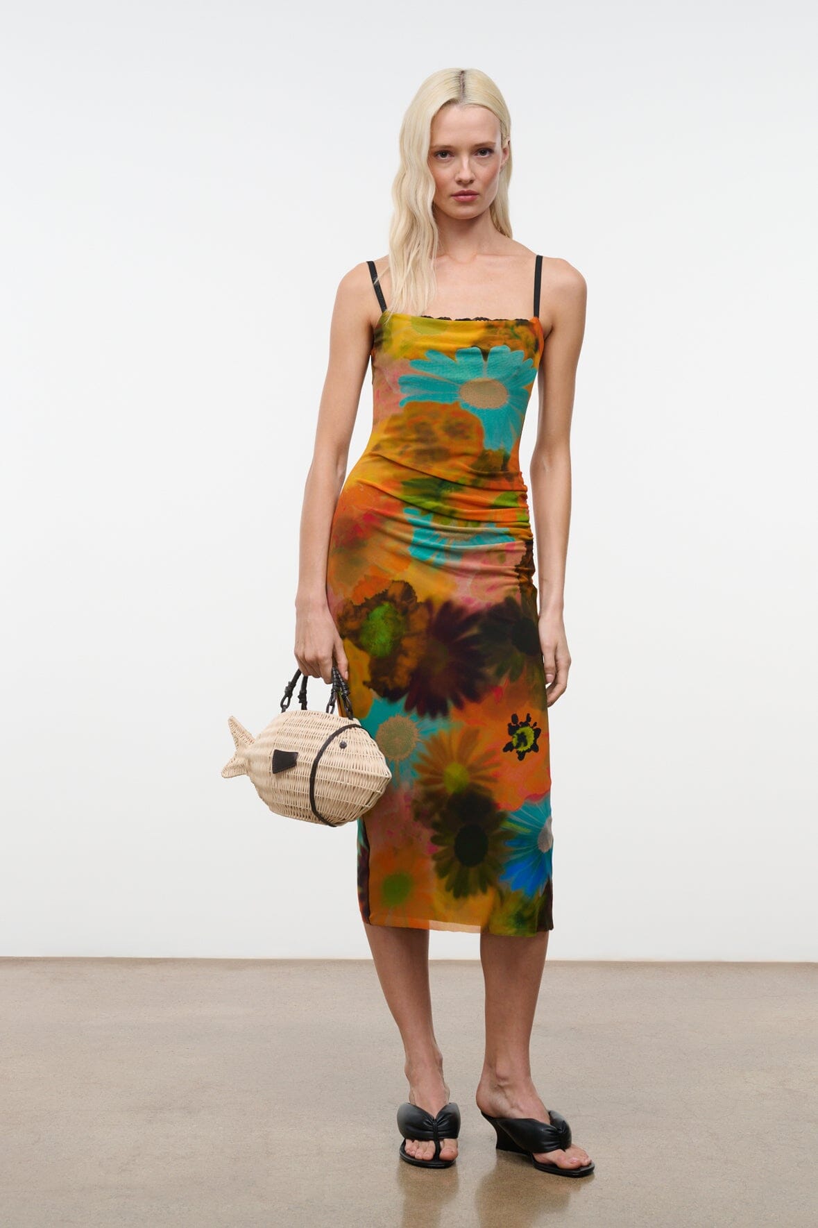 Sleeveless fitted midi dress with multicolor floral tie-dye print and lace-trim straps