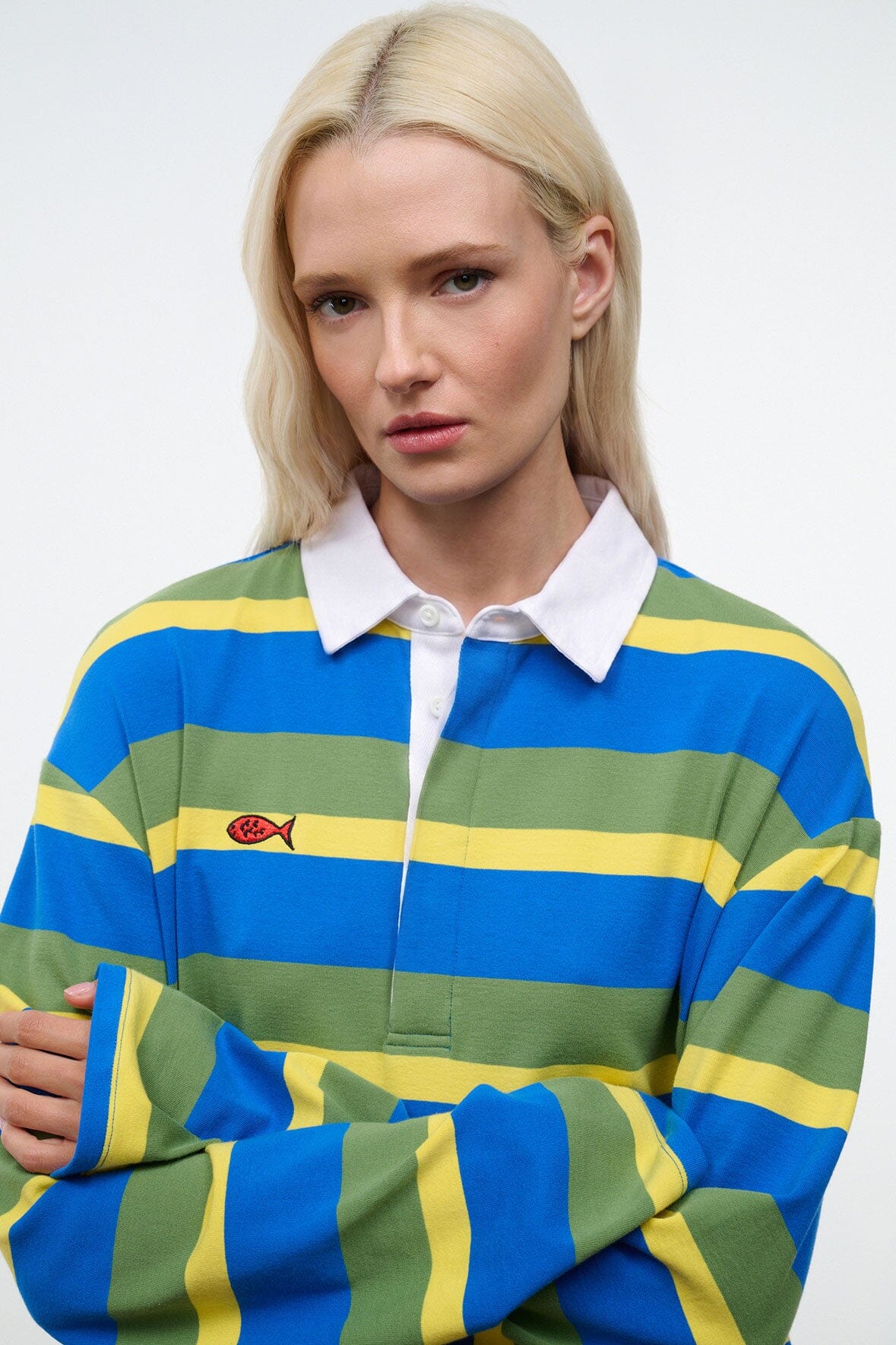Striped long-sleeve shirt with white collar, button placket, blue green yellow stripes