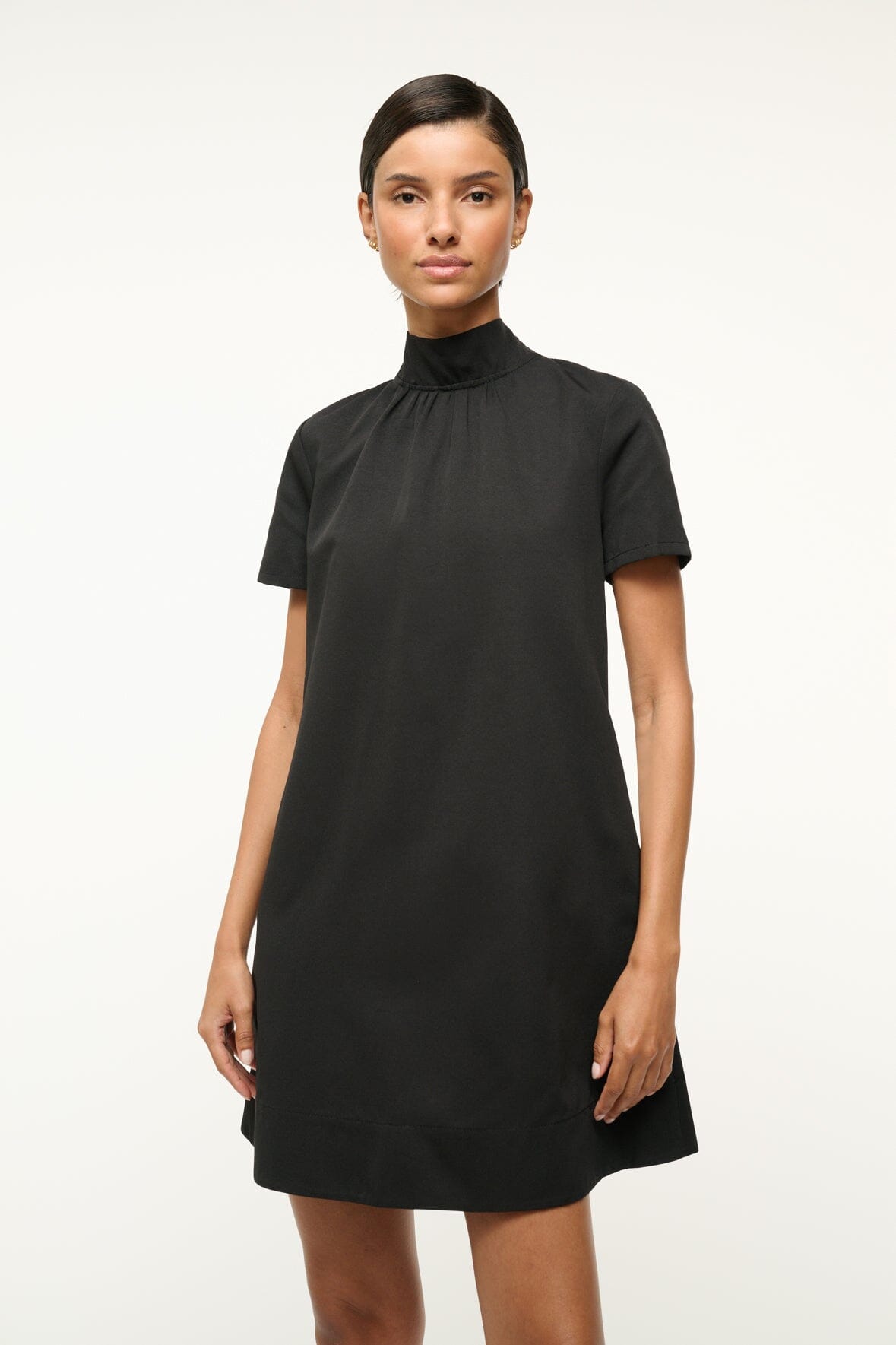 Black mini dress with high collar and short sleeves