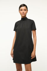 Black mini dress with high collar and short sleeves