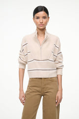 Cropped cashmere sweater with full-zip front and whisper stripe ribbed hem