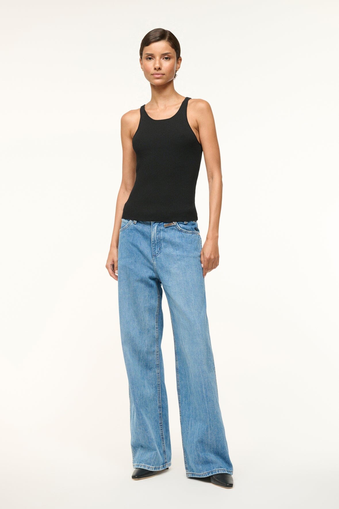 Black ribbed sleeveless tank top with crew-neckline