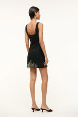 Sleeveless black sequin dress with square neckline and skyline pattern, back view