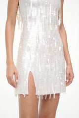 Pearl sequin fringe mini dress hem with short tassel fringe and slit detail