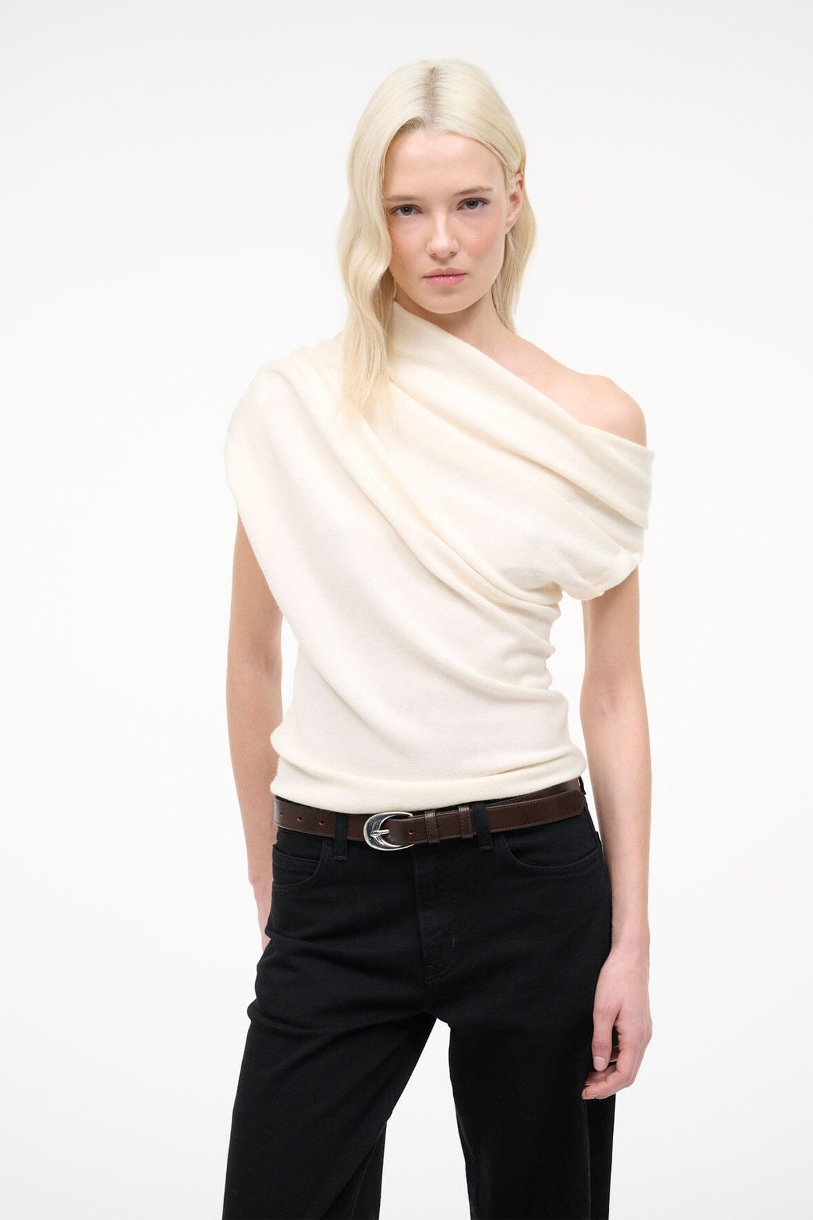 Ivory knit sweater with one-shoulder draped cowl neckline, short sleeve