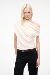 Ivory knit sweater with one-shoulder draped cowl neckline, short sleeve