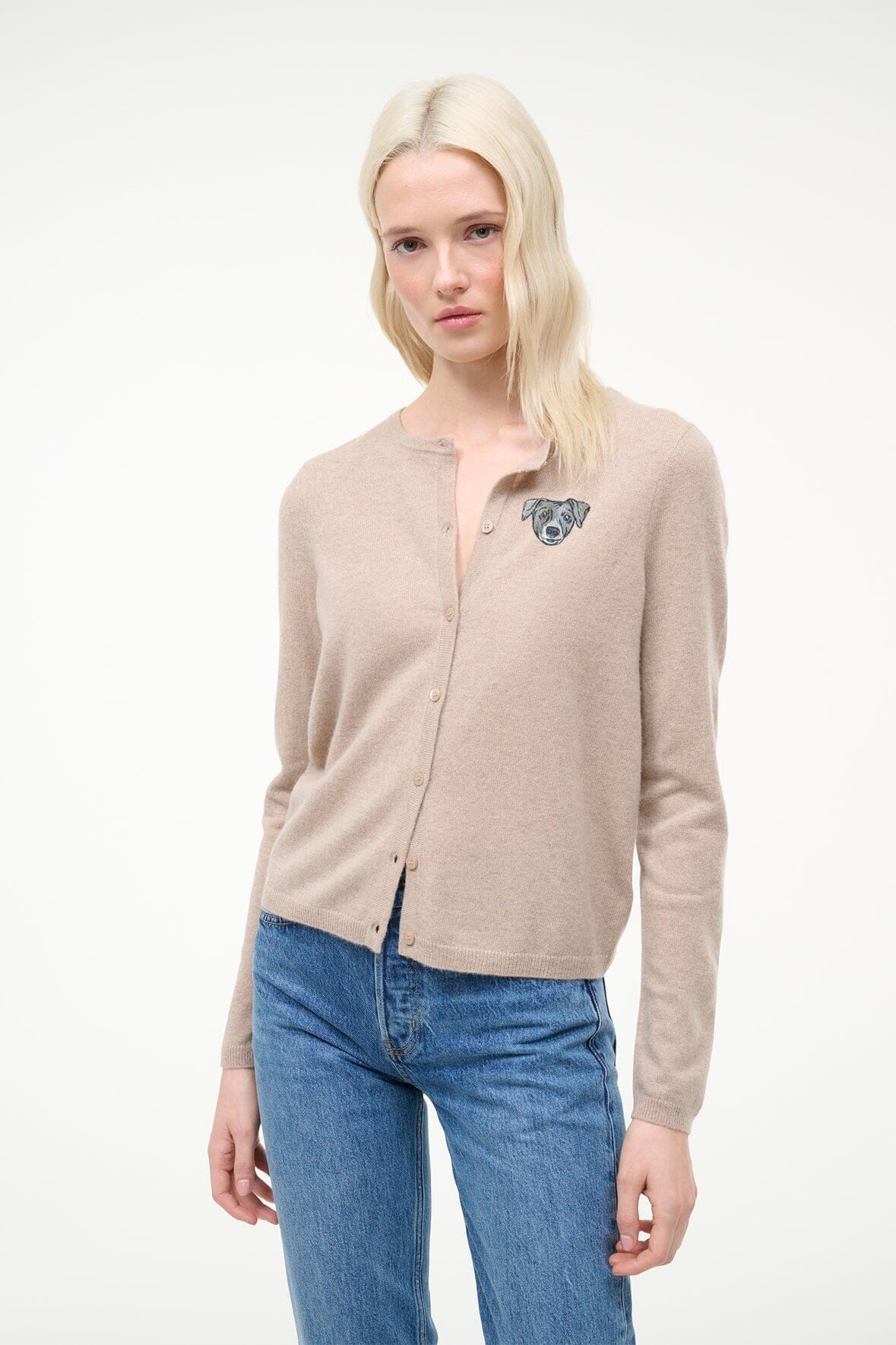 Stone cashmere cardigan with crest patch, long sleeves, button-front