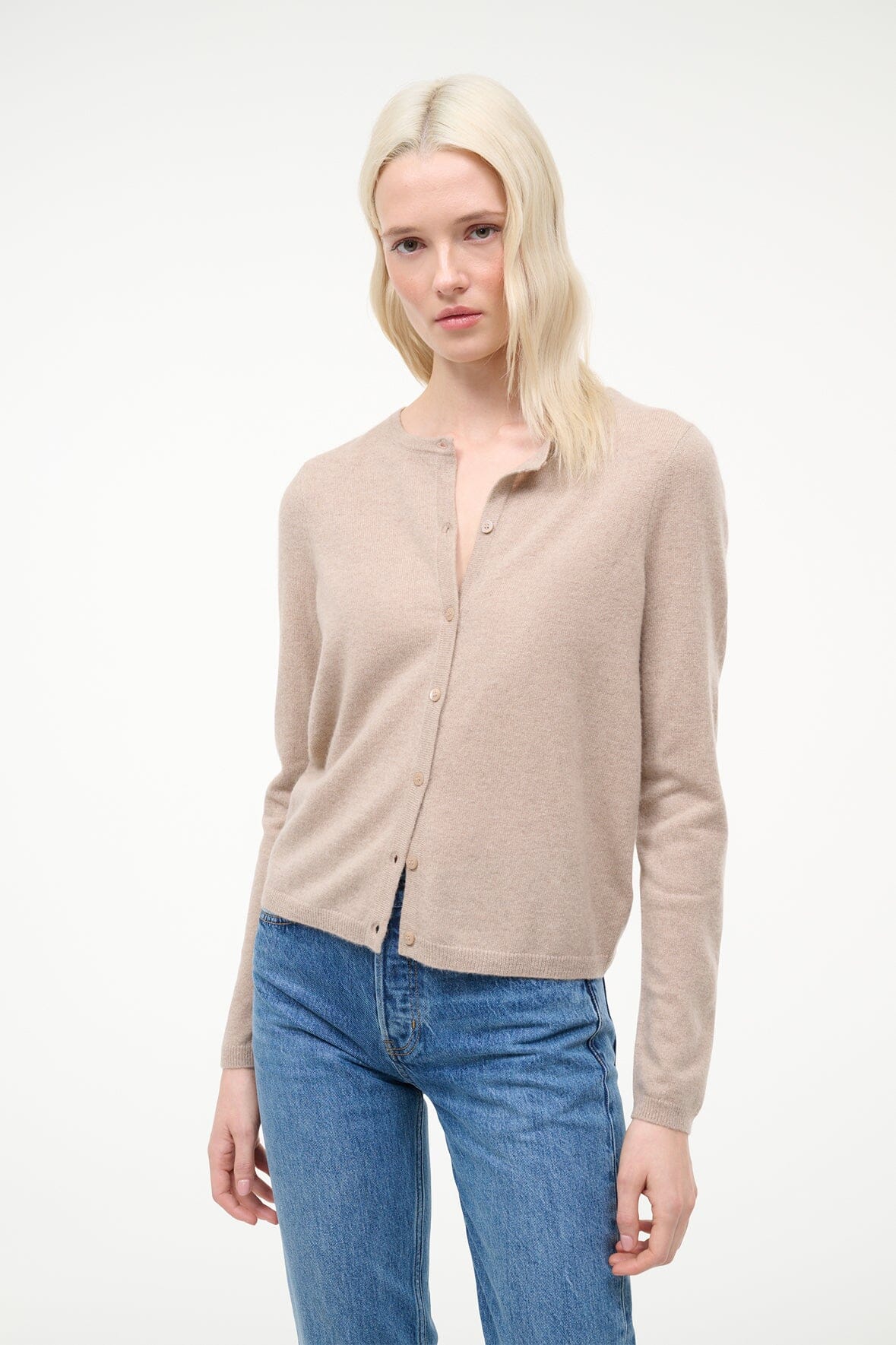 Stone cashmere cardigan with small collar and button front
