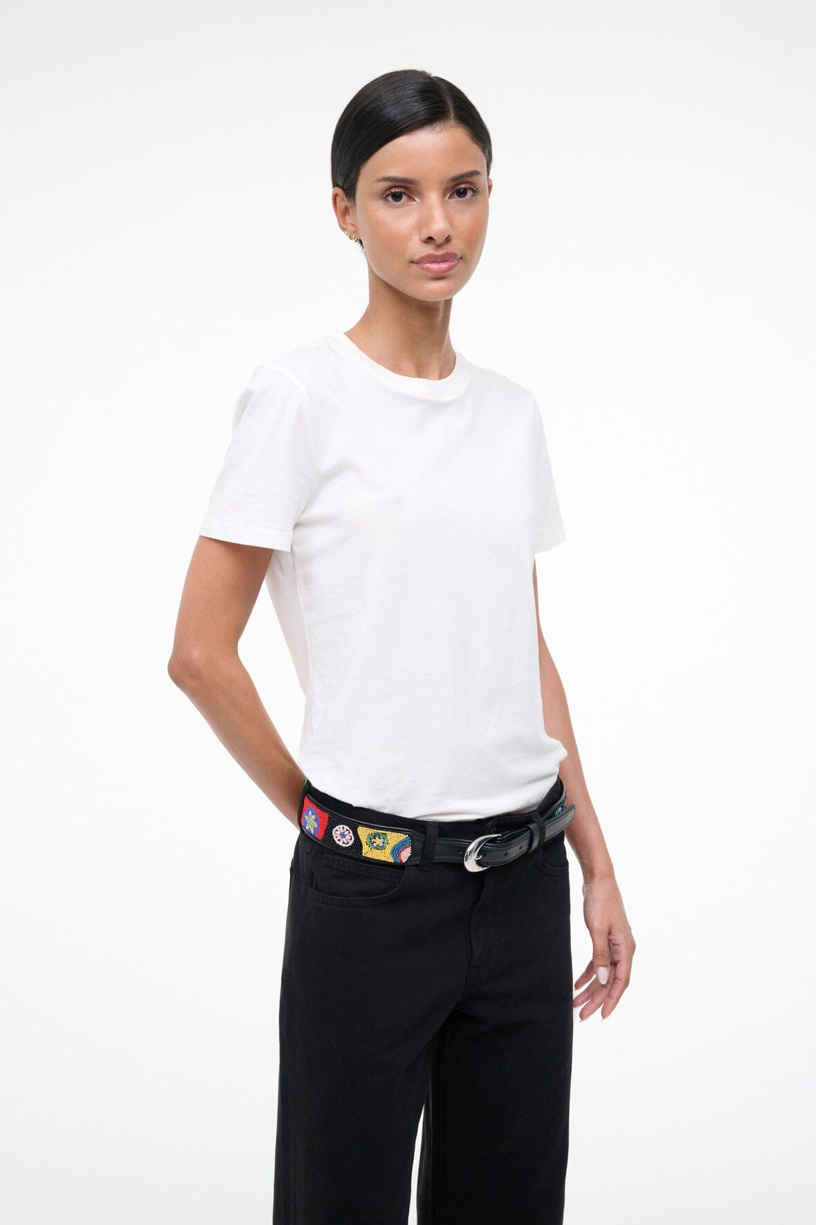 Beaded millefiori belt on black leather strap with oval buckle