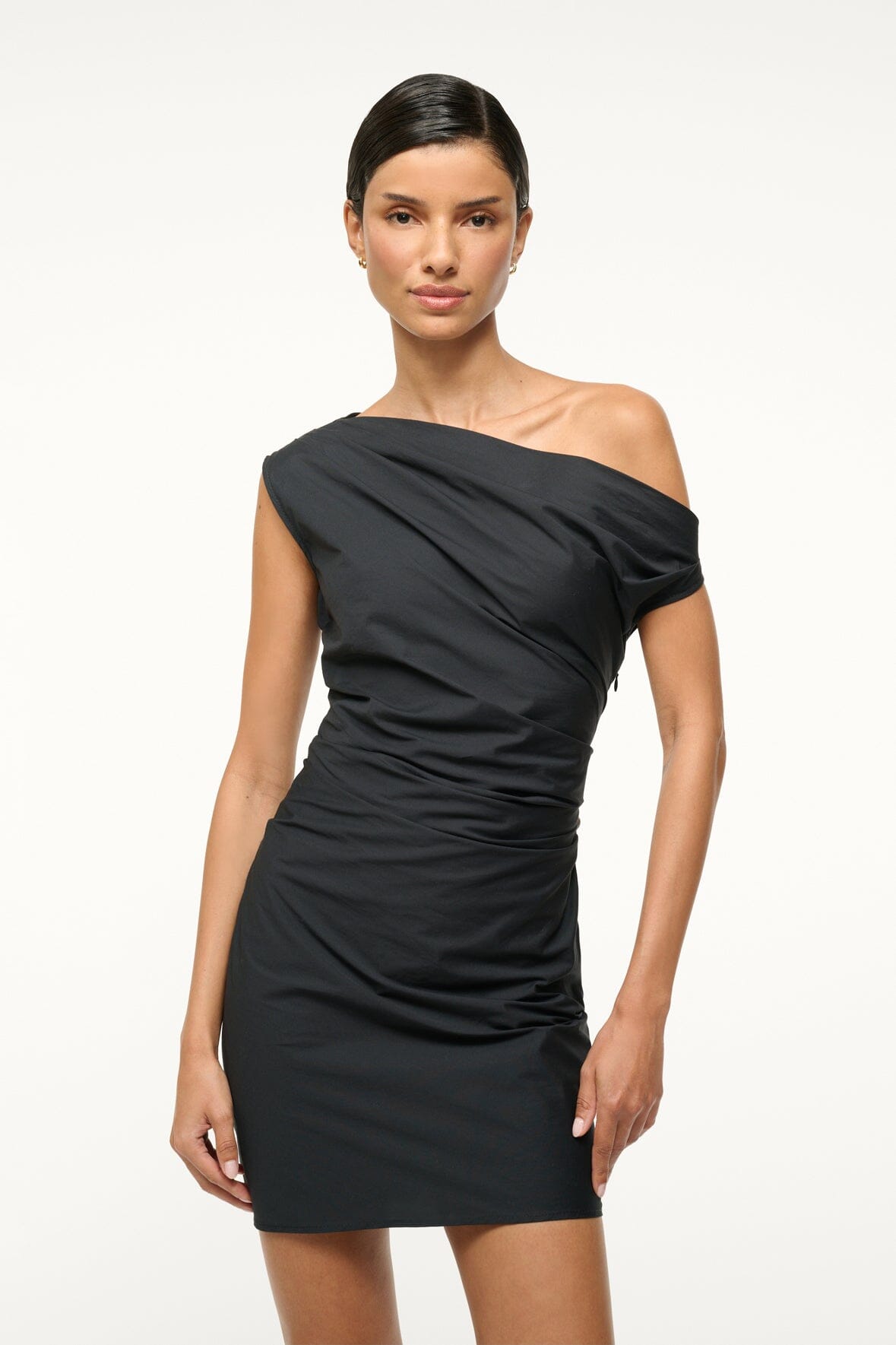 Black mini Phare dress with wide off-shoulder drape and gathered front