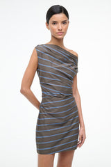 Close-up: fitted one-shoulder striped mini dress, blue-gray with light-blue thin lines